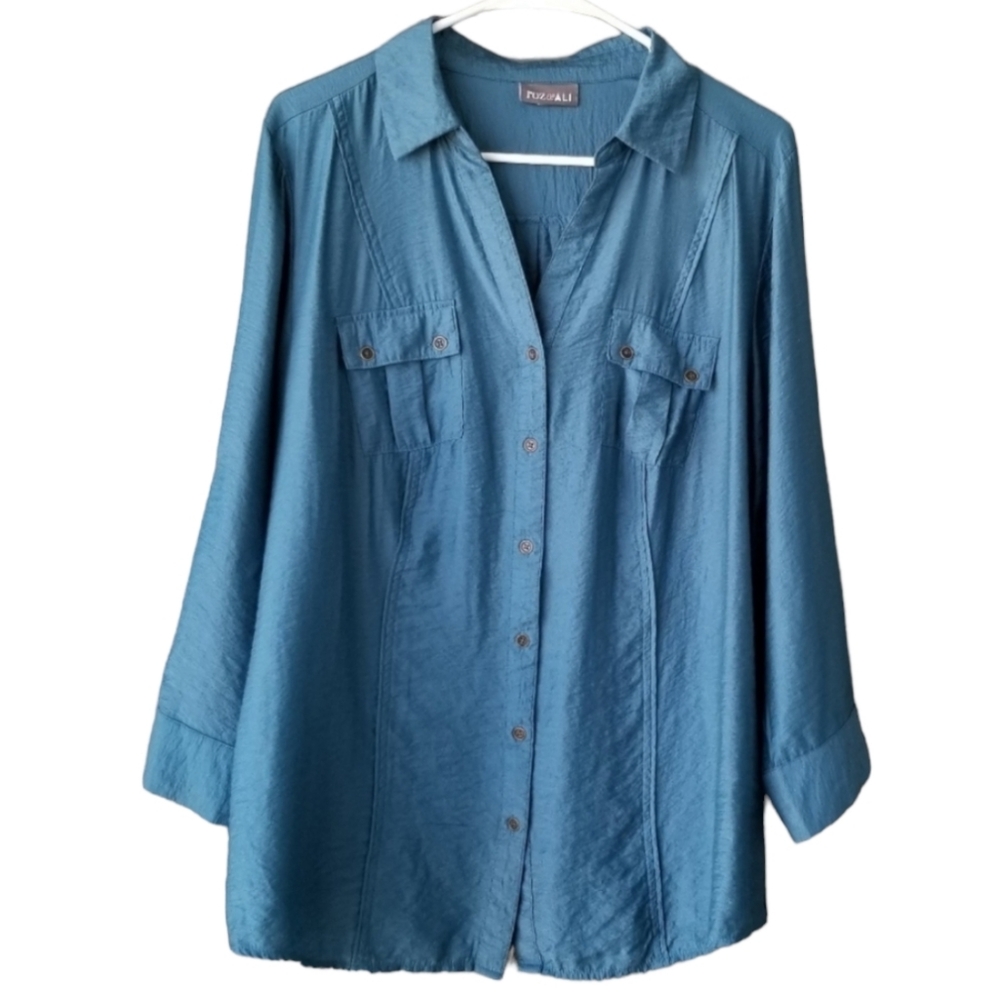 ROZ & ALI teal button down top 18/20W